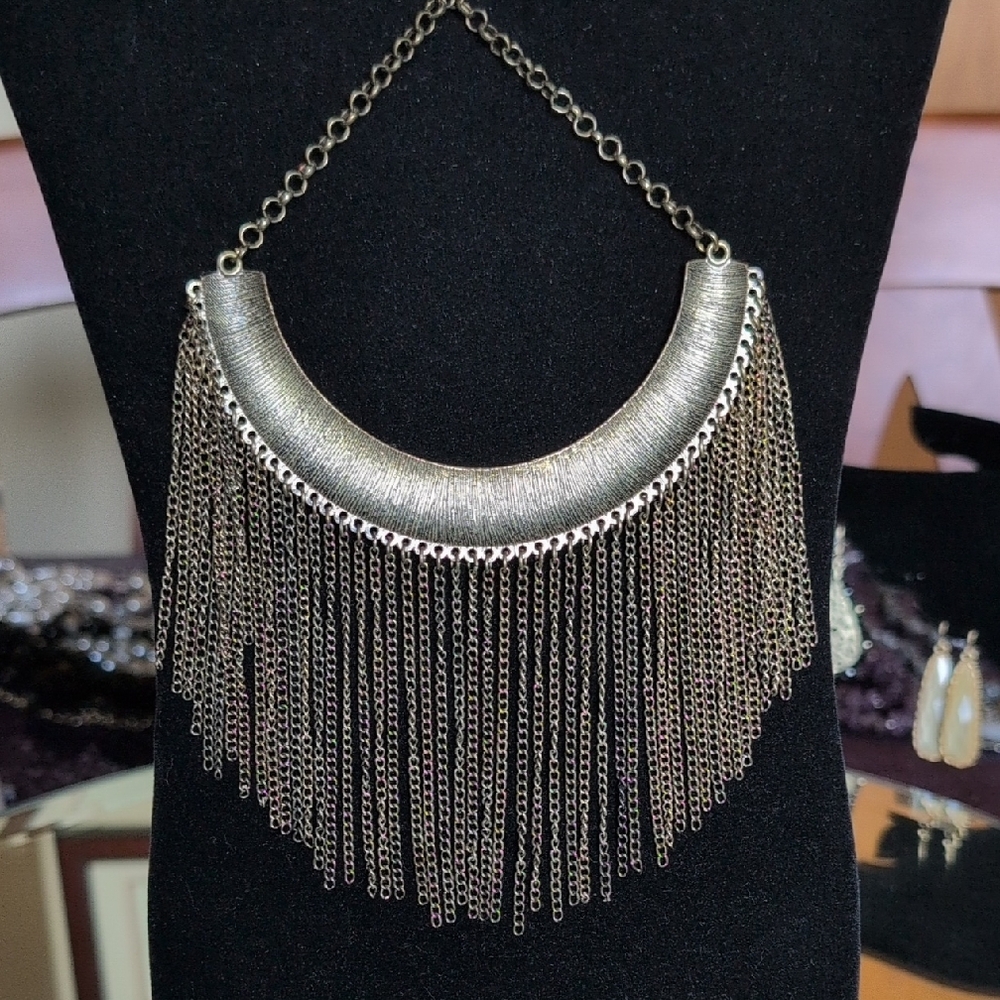 Gold Fringe Statement Necklace - Picture 8 of 9